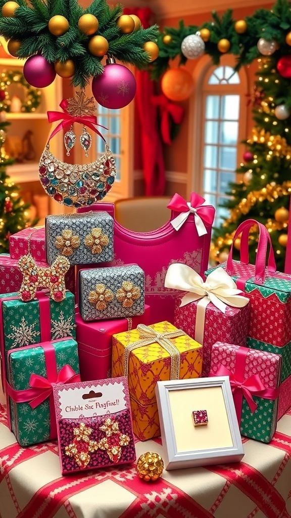 A colorful assortment of McBling Christmas gifts including jewelry, bags, and home decor on a festive table.